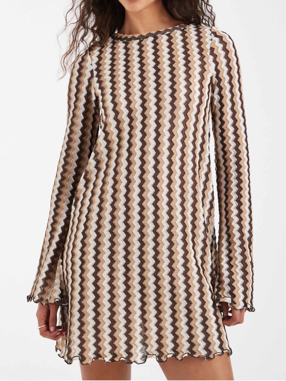 Only Chevron Crochet Knit Long Sleeve Mini Dress